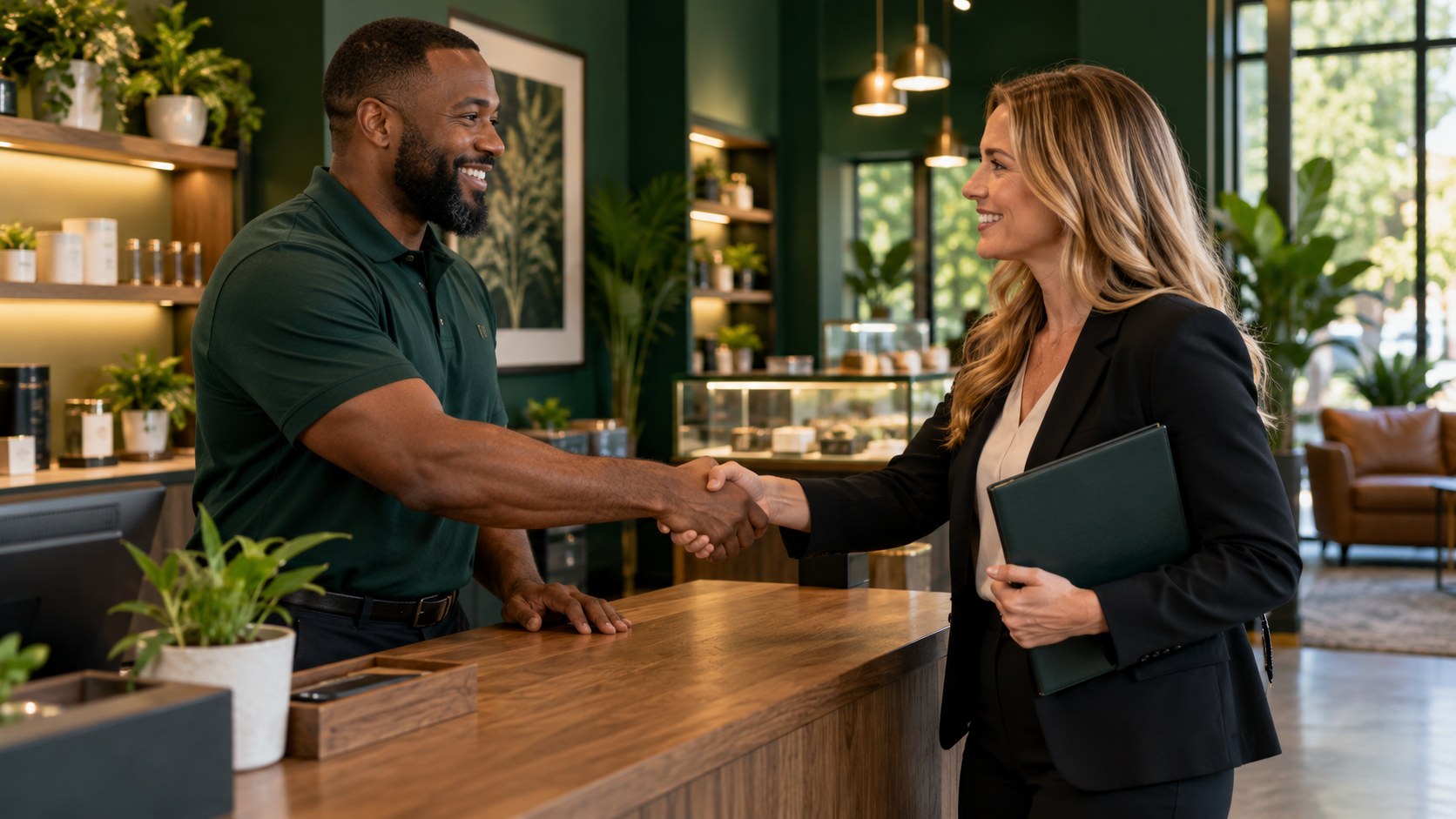 Employer and candidate meeting in a professional cannabis retail setting