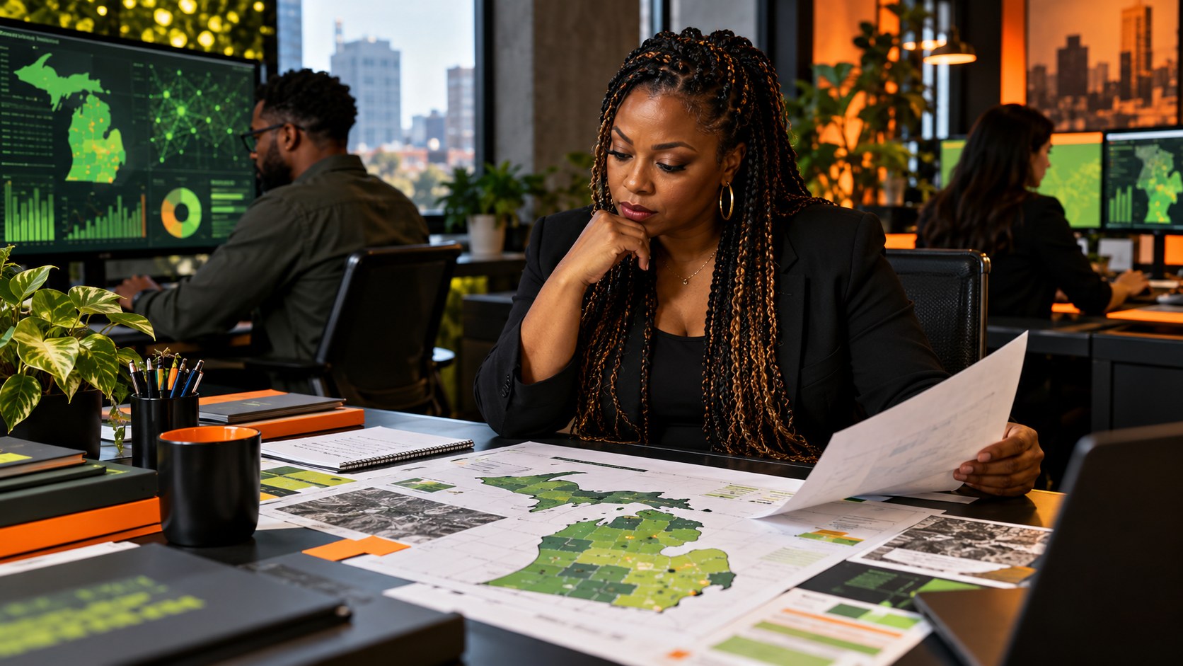 Editorial team reviewing Michigan workforce records and maps